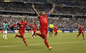 Panama's Roman Torres and Roberto Chen celebrate their goal against Mexico  in Arlington, Texas