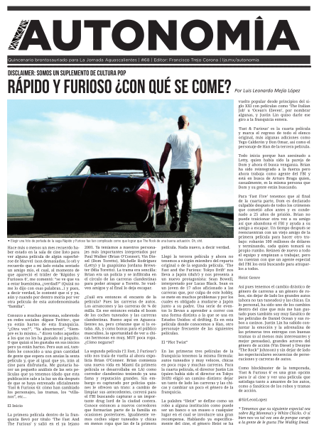 {Suplemento} /AUTONOMÍA 68: Rápido y Furioso ¿Qué es eso?