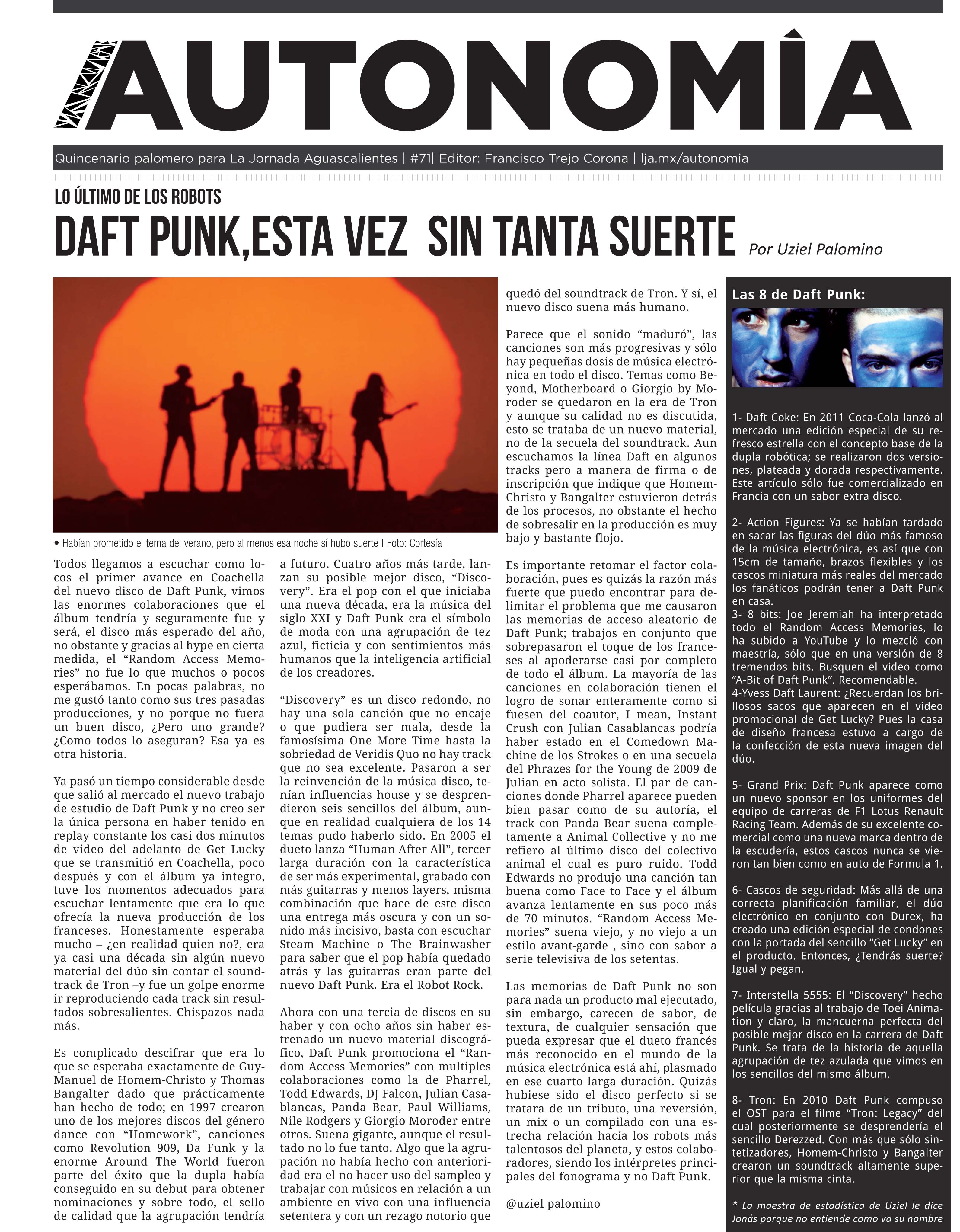 {Suplemento} /AUTONOMíA 71: Daft Punk, esnobismo, elecciones.