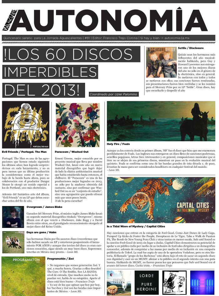 /AUTONOMÍA 81: Los 60 discos imperdibles del 2013, entrevista con Celofán