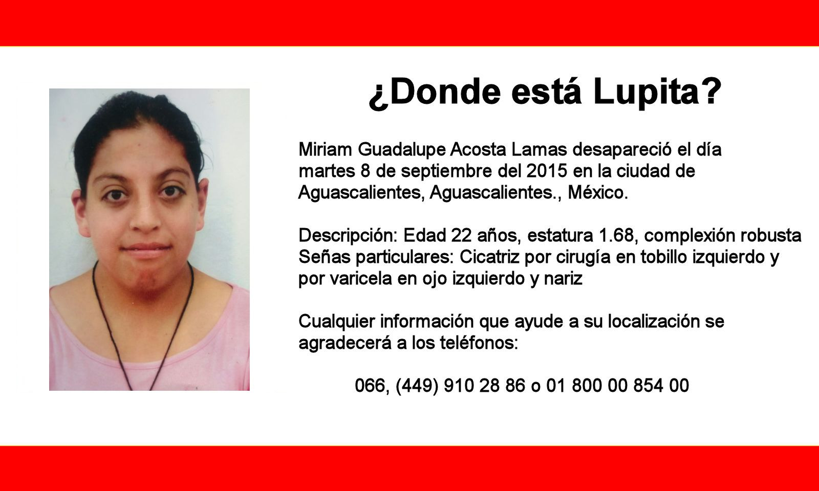 Urgente la localización de Miriam Guadalupe Acosta Lamas, padece de esquizofrenia