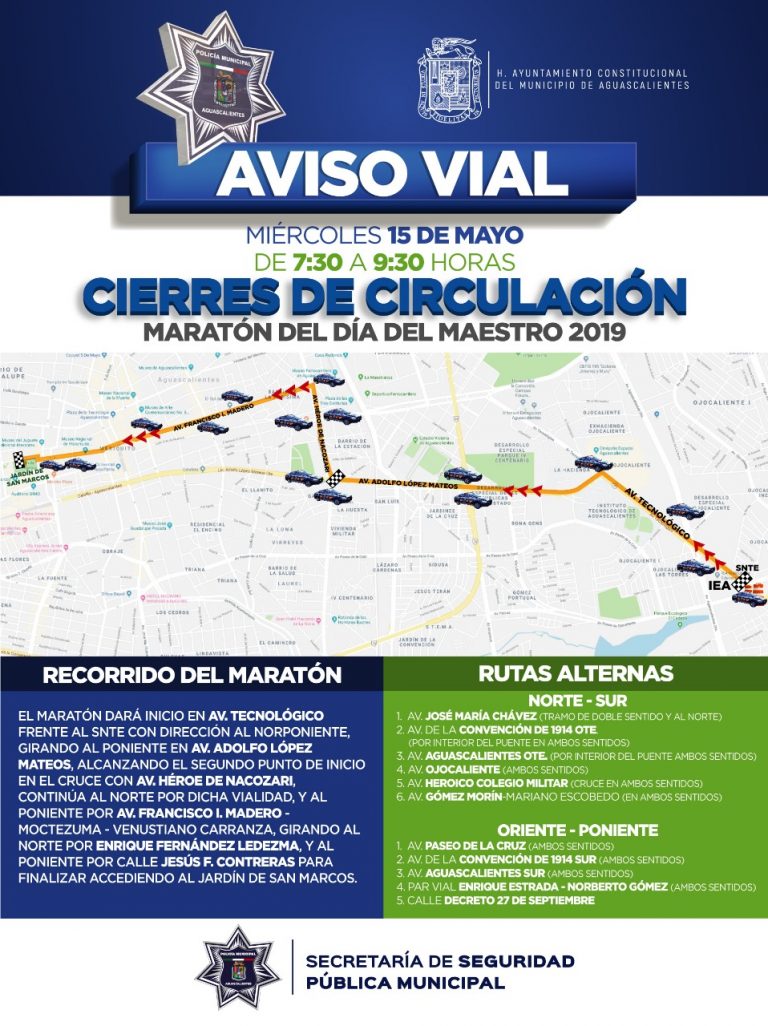 Cierre de vialidades en Aguascalientes por el Maratón del Día del Maestro