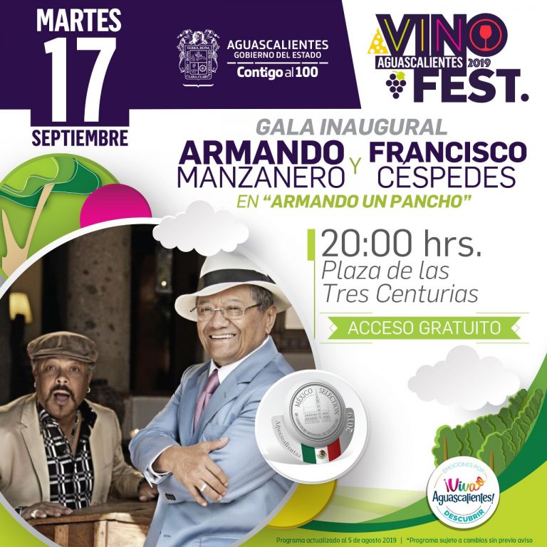 Armando Manzanero y Francisco Céspedes, en la inauguración del Vinofest 2019 de Aguascalientes
