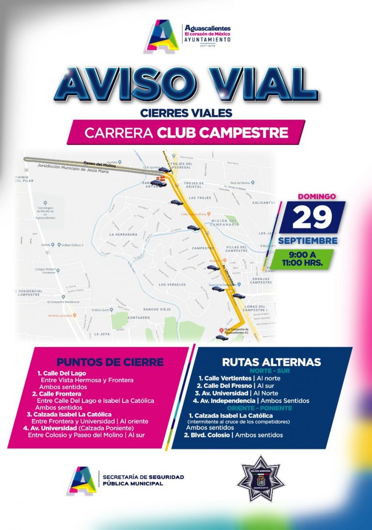 Anuncian cierres viales por Carrera Club Campestre en Aguascalientes