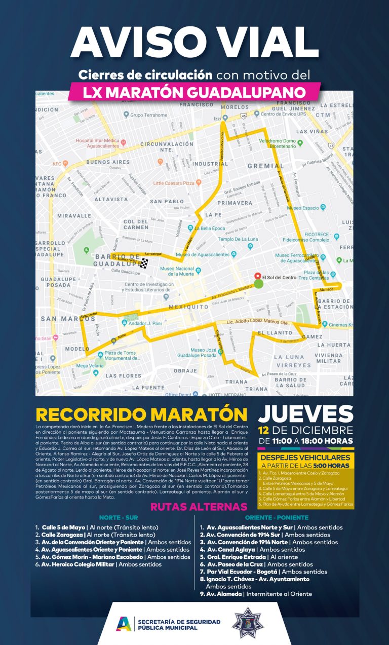 Anuncian operativo vial por Maratón Guadalupano en Aguascalientes