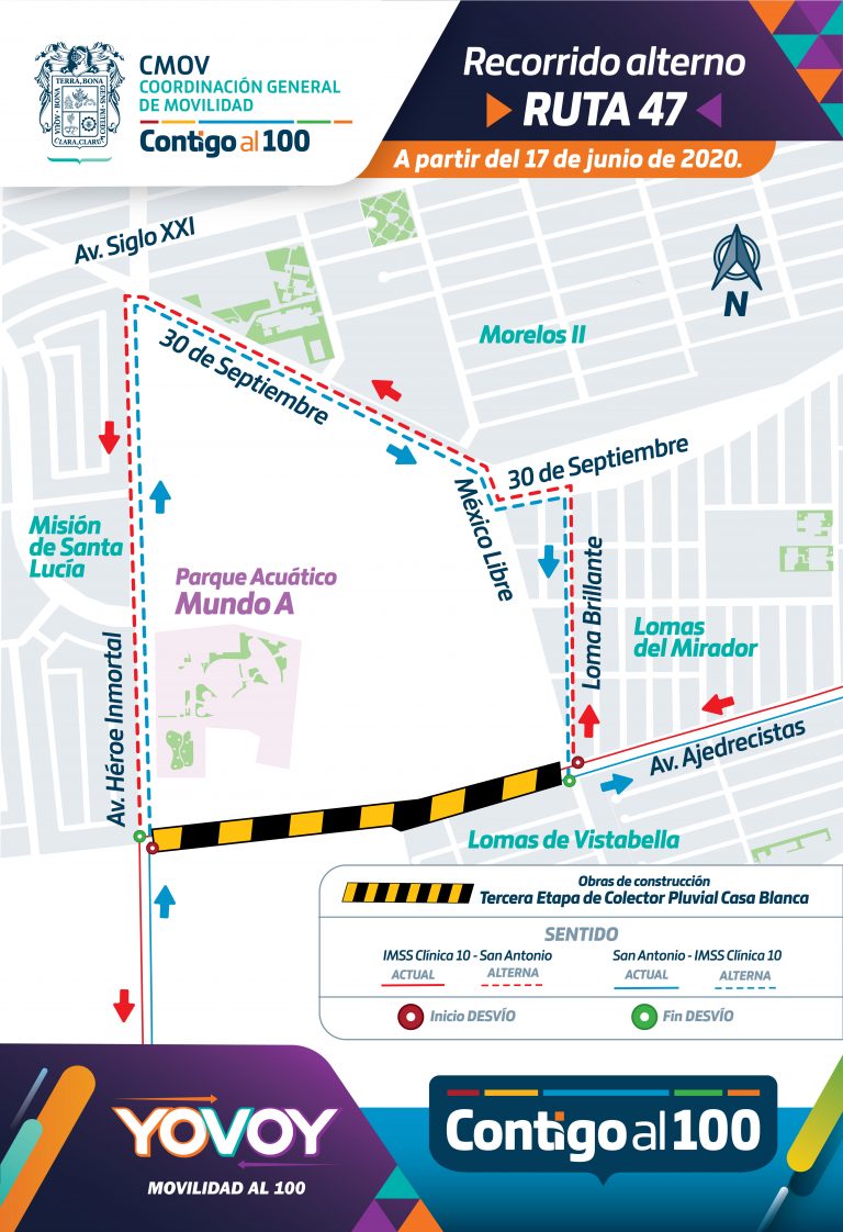 Ruta 47 hará recorrido alterno por obras en la avenida Ajedrecistas de Aguascalientes
