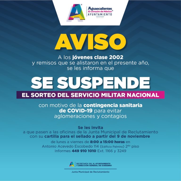 Suspenden sorteo del Servicio Militar Nacional en la capital de Aguascalientes por COVID-19