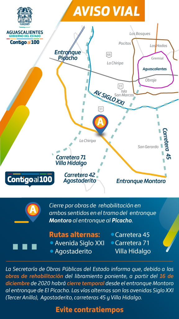 Habrá cierre temporal del libramiento poniente de Aguascalientes