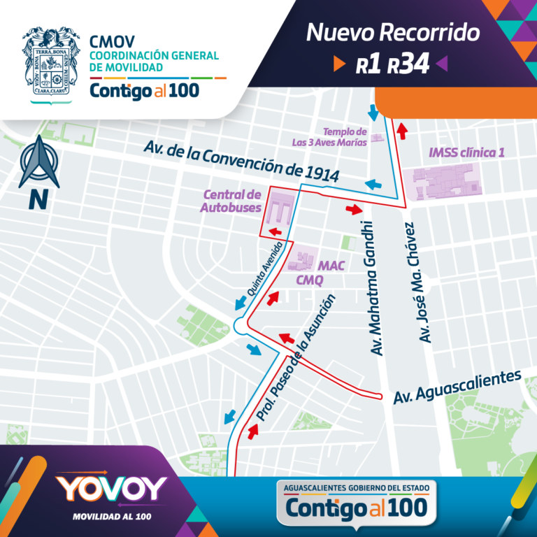CMOV en Aguascalientes modifica permanentemente recorrido de rutas 1 y 34