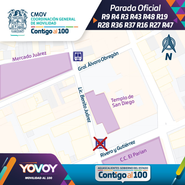 Parada de transporte urbano en el templo de San Diego será pasando Álvaro Obregón en Aguascalientes