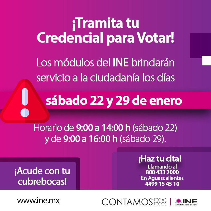 Módulos del INE brindarán servicio los sábados 22 y 29 de enero