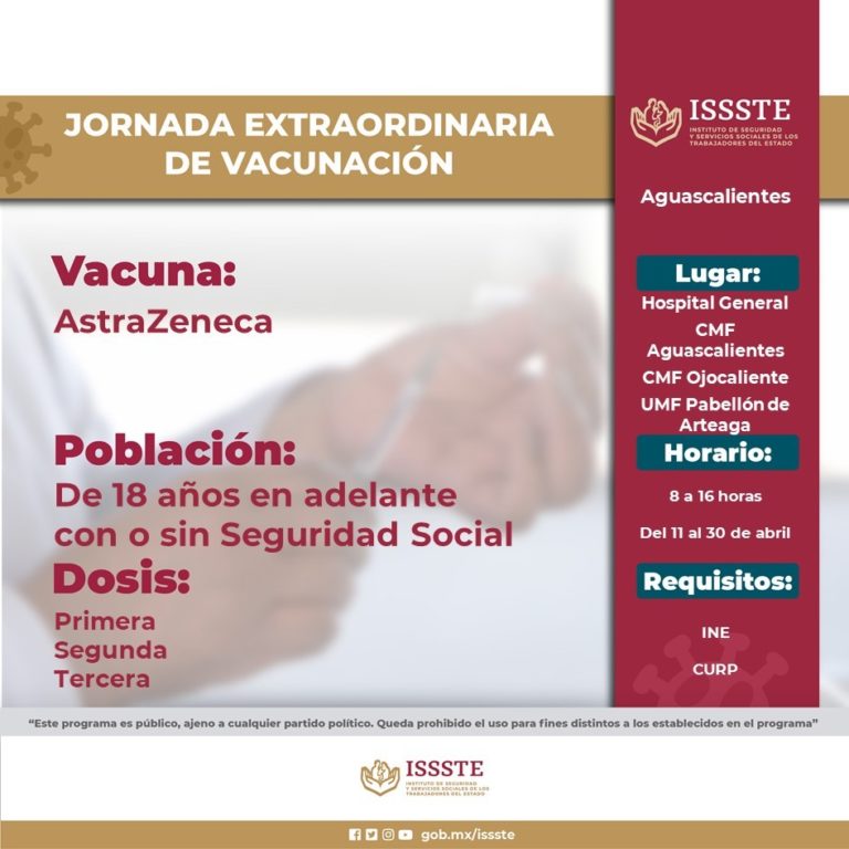 Vacunará Issste Aguascalientes a mayores de 18 años contra covid-19