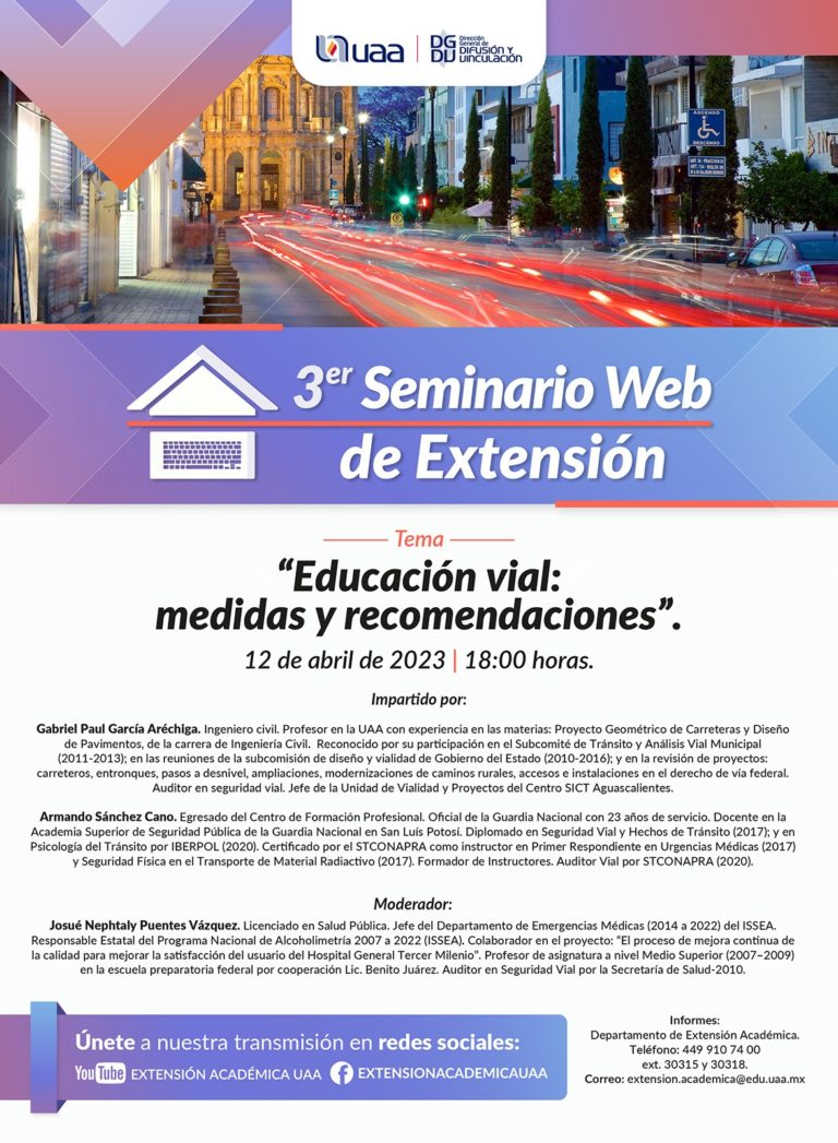 UAA convoca a participar en el 3er Seminario Web de Extensión Educación vial