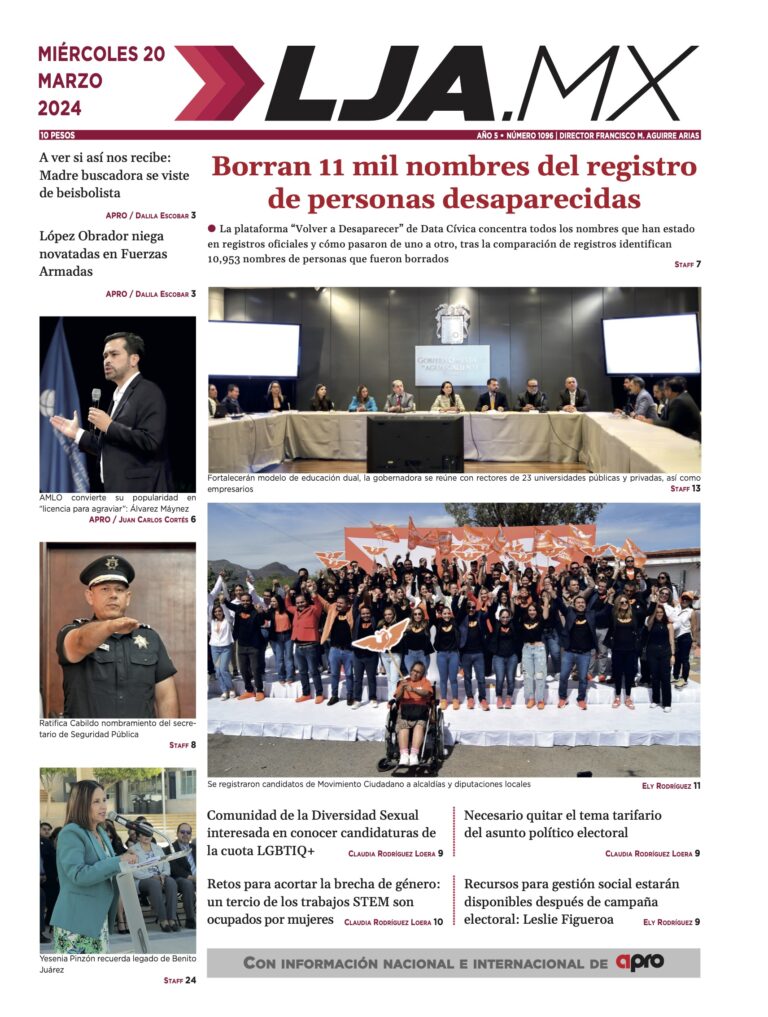 Borran 11 mil nombres del registro de personas desaparecidas y más en LJA.MX, edición 20/3/2024