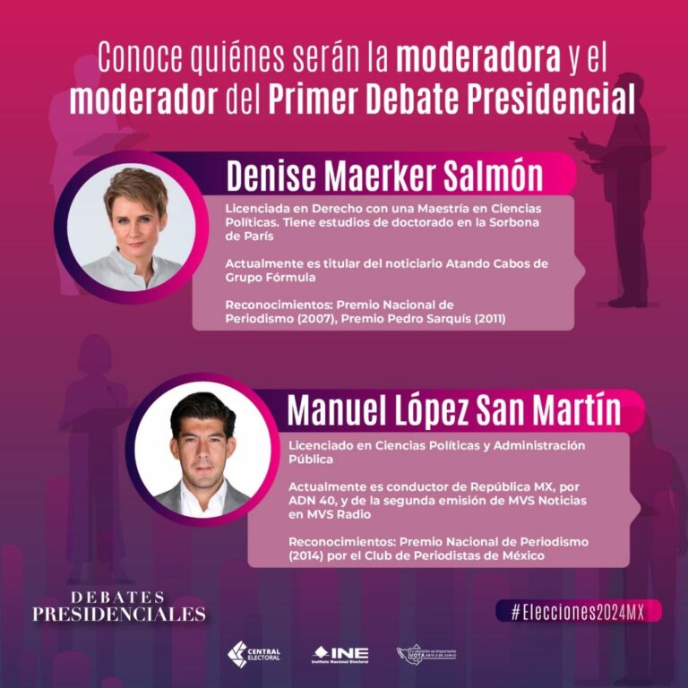 Denise Maerker y Manuel López San Martín tendrán a cargo la moderación del Primer Debate Presidencial