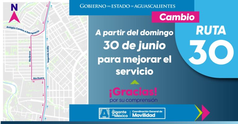 Ruta 30 en Aguascalientes cambia su recorrido, a partir del domingo