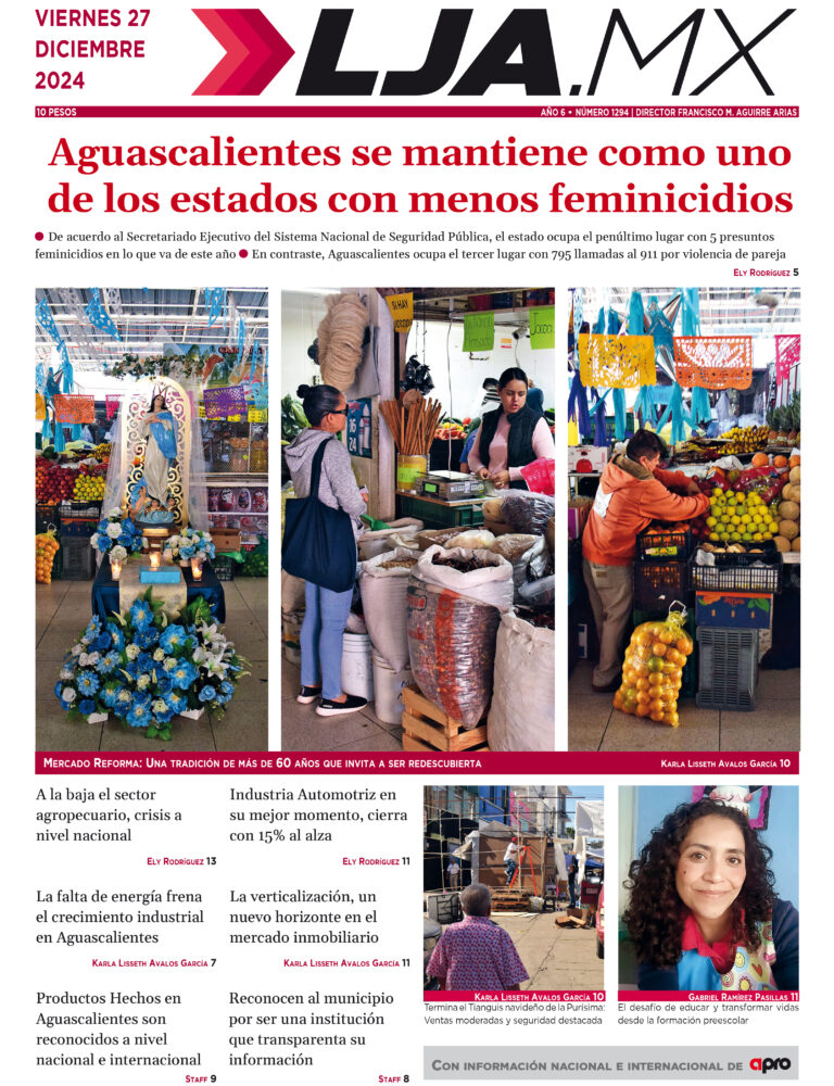 Aguascalientes se mantiene como uno de los estados con menos feminicidios y más en LJA.MX, edición 27/12/2024