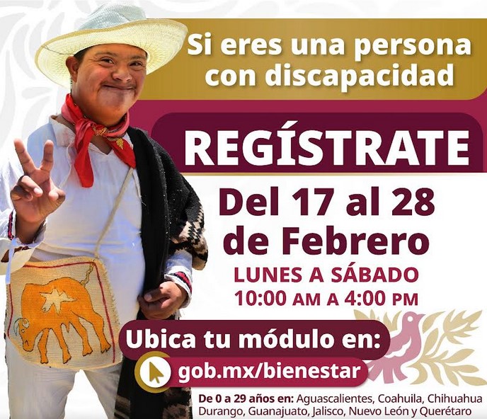 Personas con Discapacidad de 0 a 64 años  pueden registrarse a la Pensión para el Bienestar