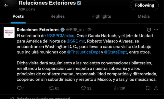 García Harfuch y Roberto Velasco viajan a Estados Unidos para reuniones con funcionarios