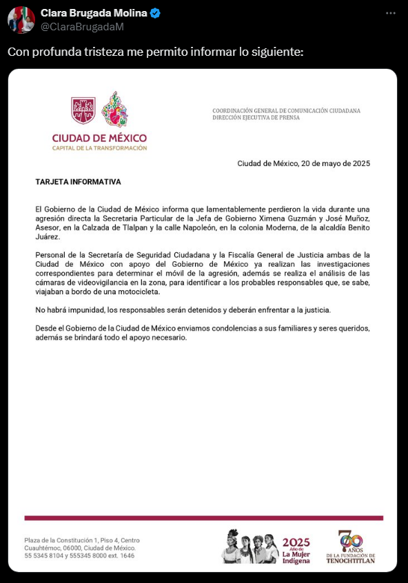 “No habrá impunidad”: Sheinbaum tras asesinato de funcionarios del Gobierno de Clara Brugada