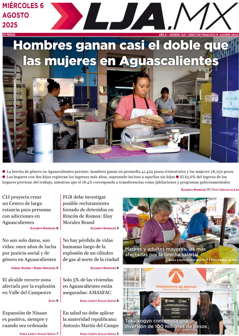 Hombres ganan casi el doble que las mujeres en Aguascalientes y más en LJA.MX, edición 6/8/2025