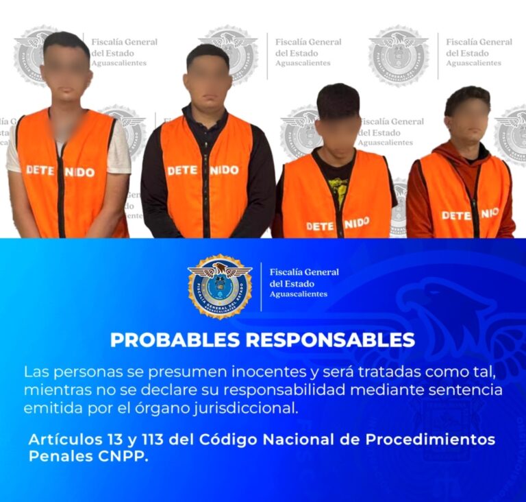 Derivado de una exhaustiva e inmediata investigación, fueron detenidos los 4 presuntos involucrados en el homicidio de una persona en el norte de la ciudad de Aguascalientes