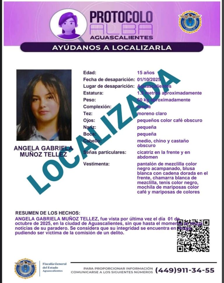 Fiscalía de Aguascalientes localiza a Ángela Gabriela y al presunto responsable con apoyo de autoridades de Querétaro